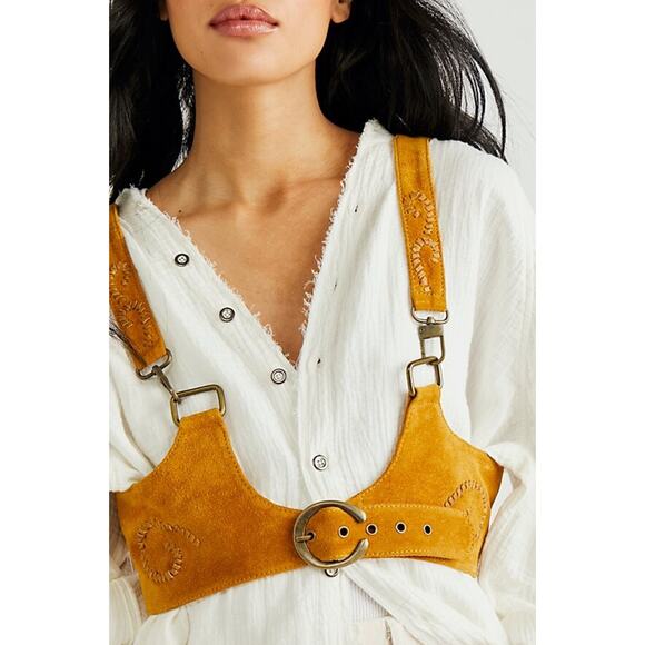 Free People Beacon Corset Yellow Suede Leather Harness Size Medium - Picture 1 of 6